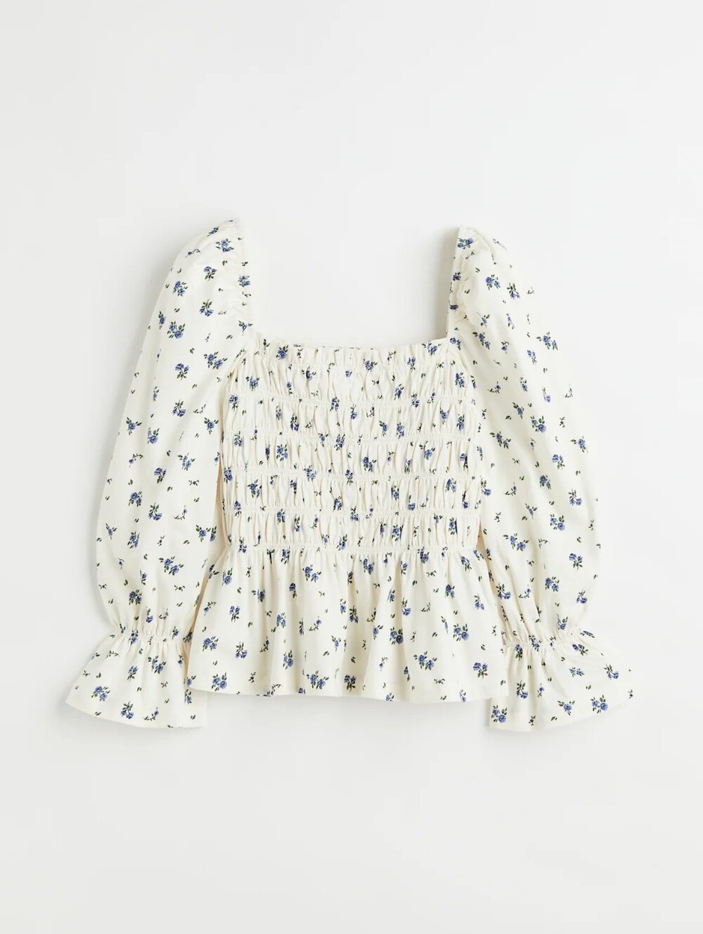 H&M Smocked Square-Neck Floral Blouse with Blue Flowers - Sz M - New With Tags